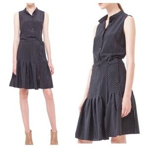 Akris Punto 100% Silk Black Polka Dot Drop Waist Pleated Belted Dress US 6